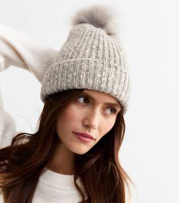 Grey Sparkle Faux Fur Pom Pom Bobble Hat