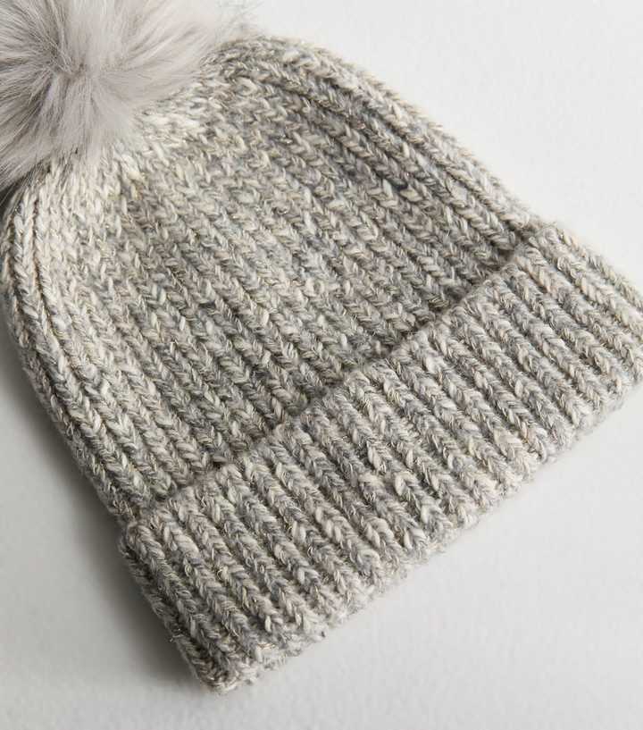 Grey Sparkle Faux Fur Pom Pom Bobble Hat | New Look