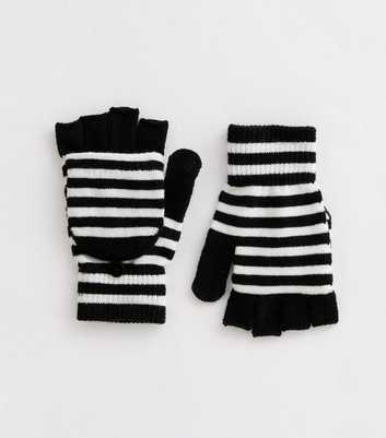 Black Striped Knit Flip Top Gloves