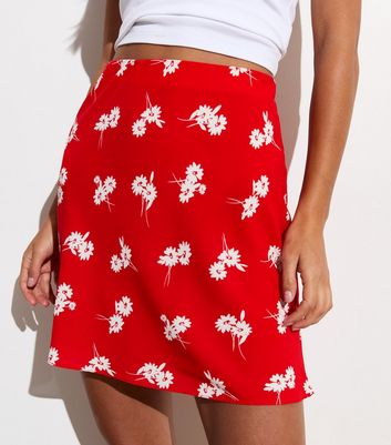 Red Ditsy Floral Printed A-Line Mini Skirt New Look