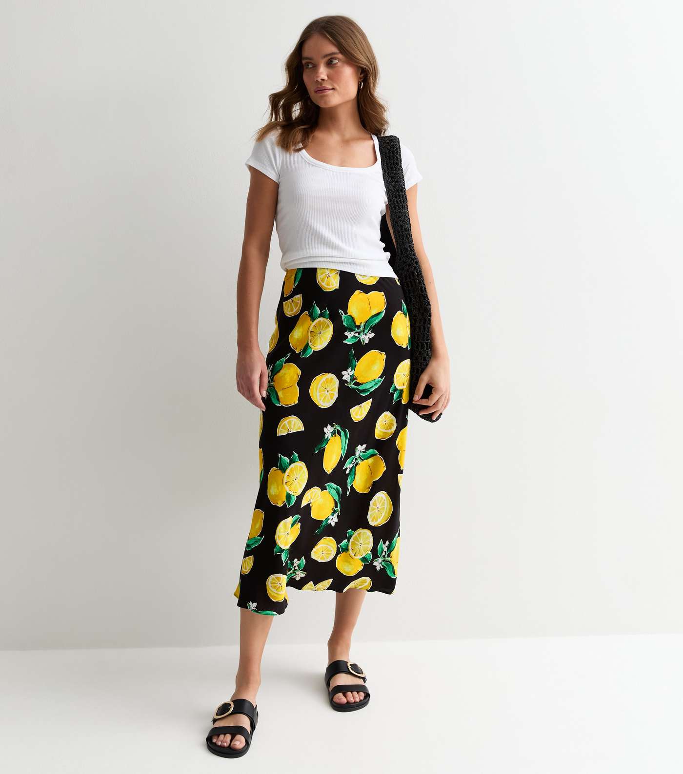 Black Lemon Print Bias Cut Midi Skirt Image 3