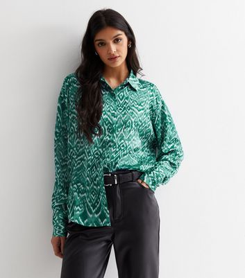 Gini London Green Abstract Print Satin Long Sleeve Shirt New Look
