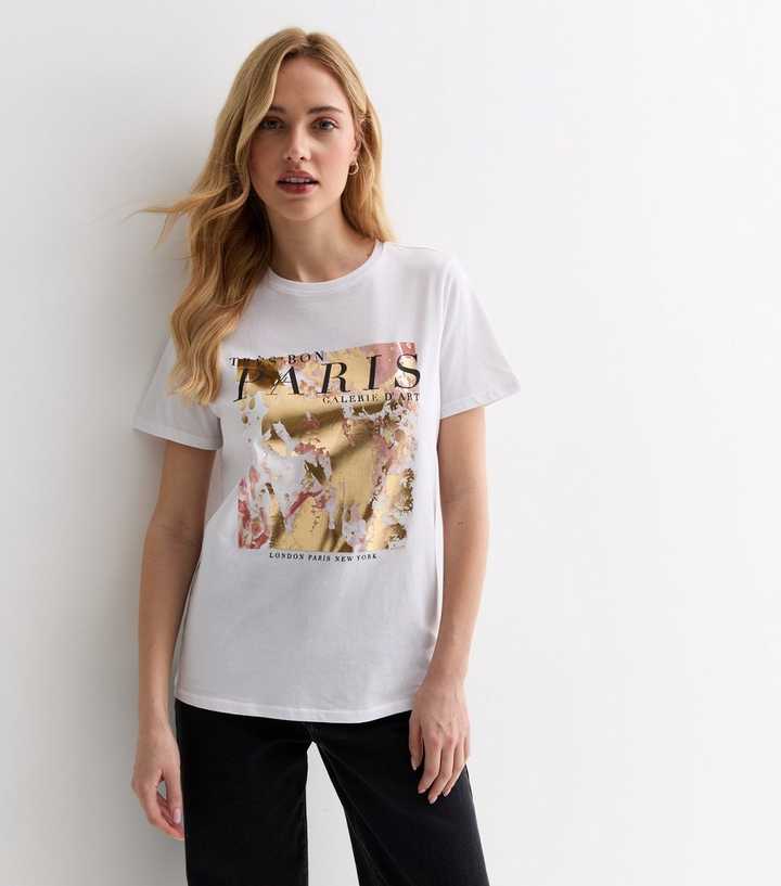 White Cotton Gold Foil Paris Logo T-Shirt