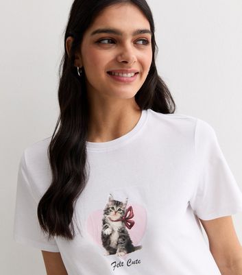 White Cotton Felt Cute Cat Logo T-Shirt New Look