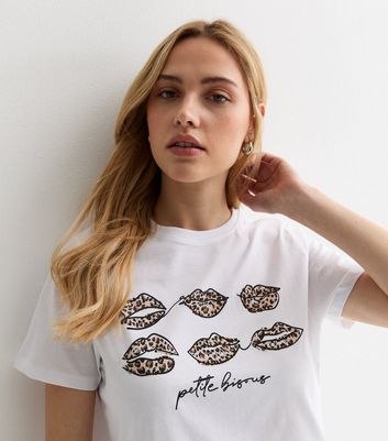 White Cotton Petite Bisous Leopard Lips Logo T-Shirt New Look