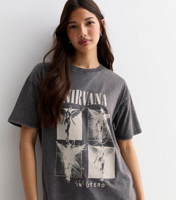 Dark Grey Acid Wash Cotton Nirvana Logo Oversized T Shirt New Look