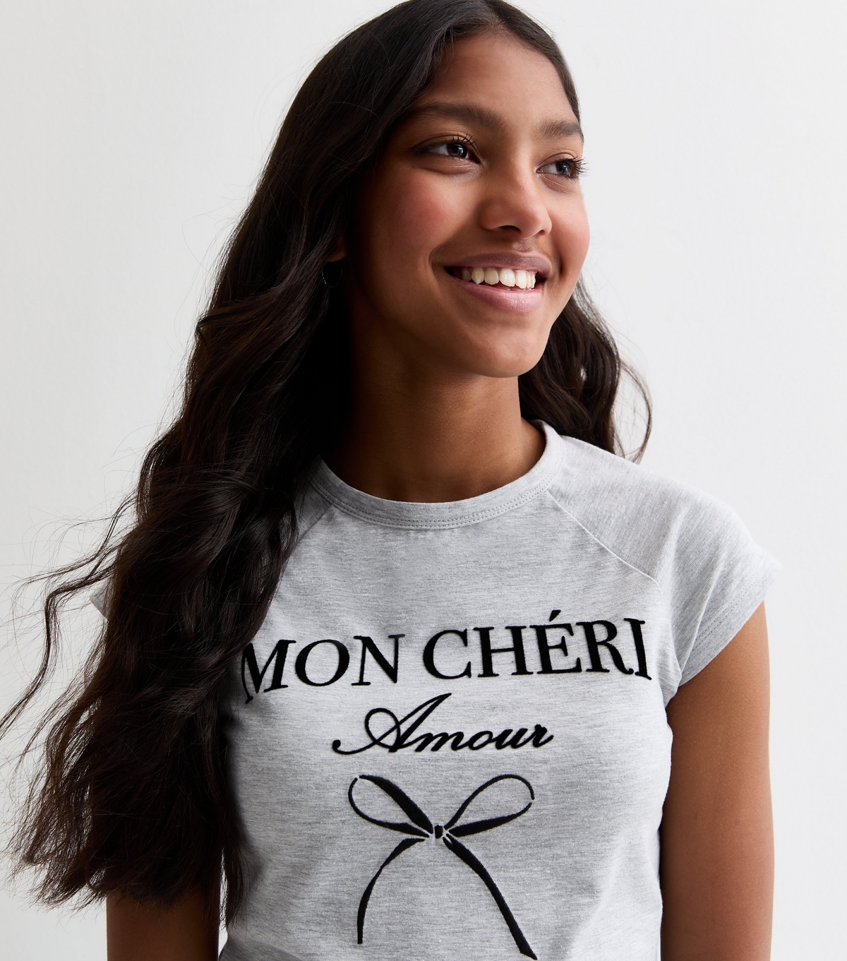 Girls' Grey Stretch Mon Cheri Slogan T-Shirt New Look