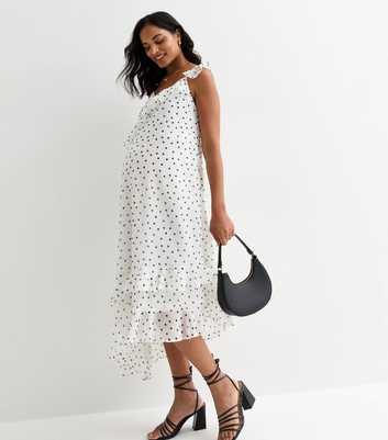 Maternity Off White Polka Dot Asymmetrical Frill Midi Dress