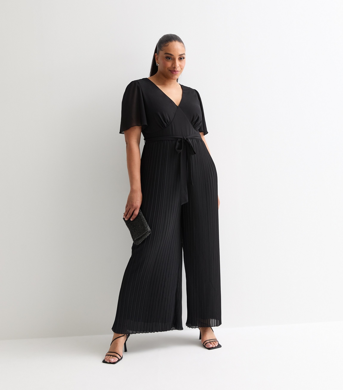 Women's Plus Size Black Pleated Wide Leg Jumpsuit Curves New Look