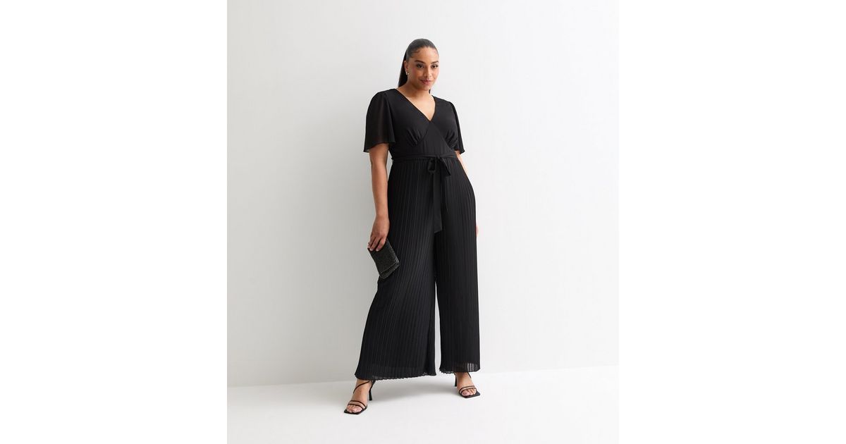LEATHER PLEATED WIDE LEG JUMPSUIT SOLID BLACK
