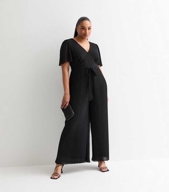 Curves Black Pleated Wide Leg Jumpsuit 