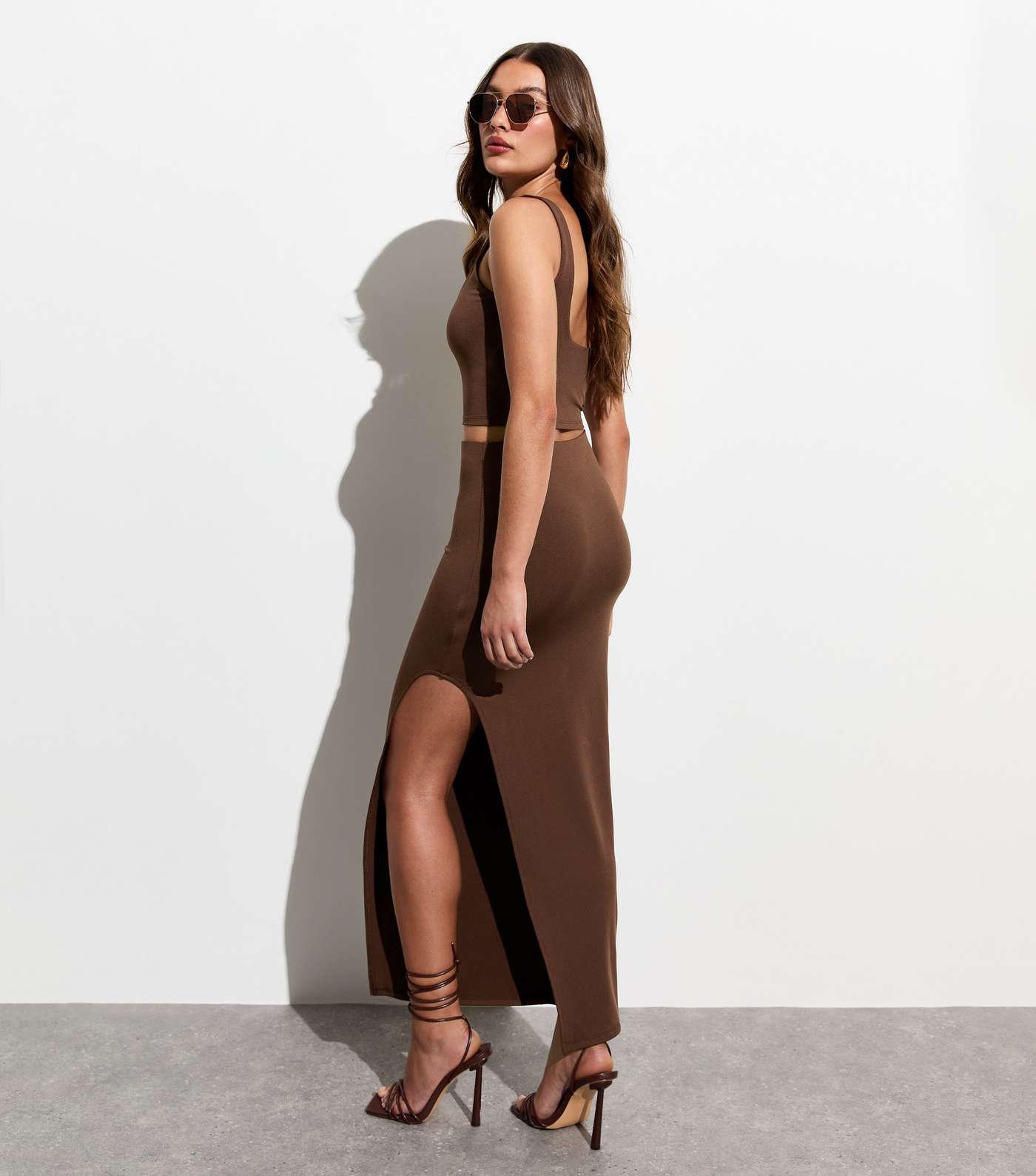 Dark Brown Asymmetric Split Hem Maxi Skirt Image 4