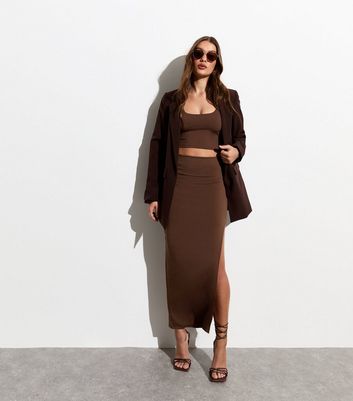 Dark Brown Asymmetric Split Hem Maxi Skirt New Look