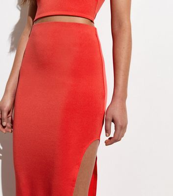 Red Asymmetric Split Hem Maxi Skirt New Look