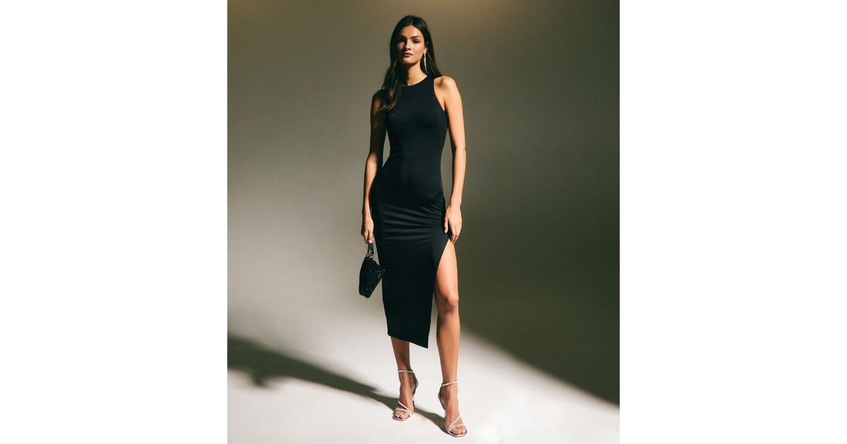 Sleeveless faux suede split neckline midi dress Shakira