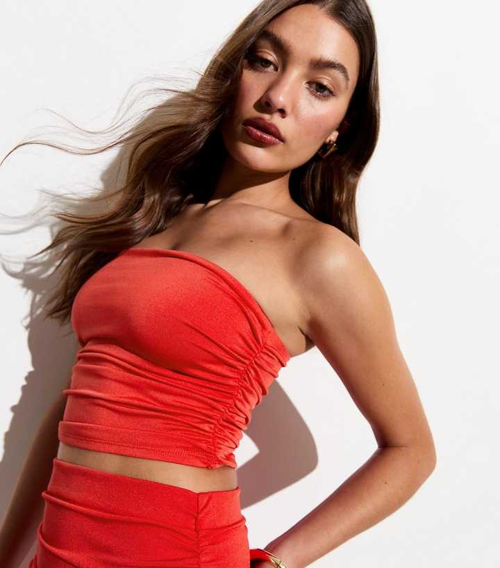 Red Ruched Side Bandeau Crop Top