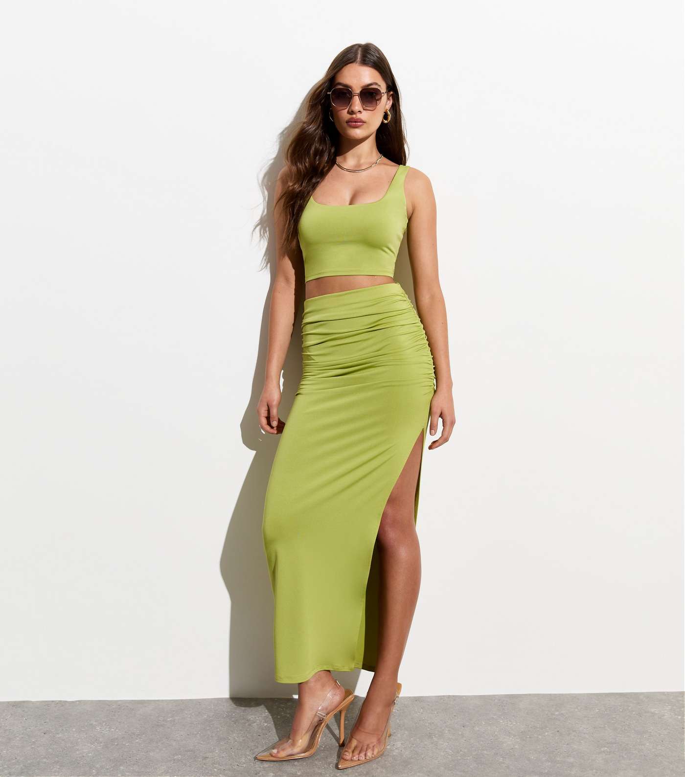 Light Green Ruched Side Maxi Skirt