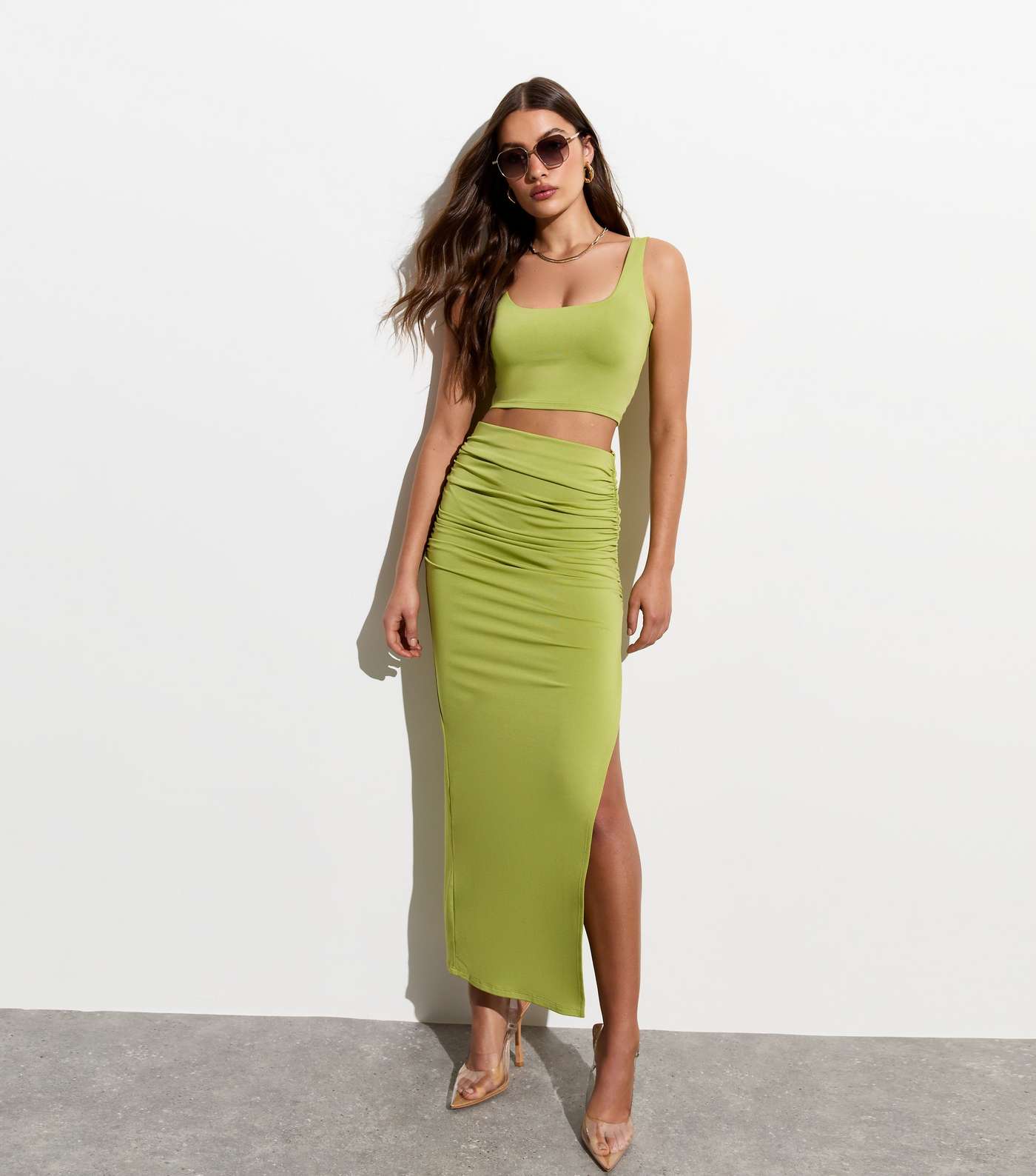 Light Green Ruched Side Maxi Skirt Image 3