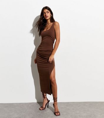 Dark Brown Square Neck Midi Dress New Look