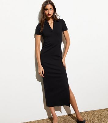 Black Ribbed Stretch Cotton Collared Midi Dress New Look