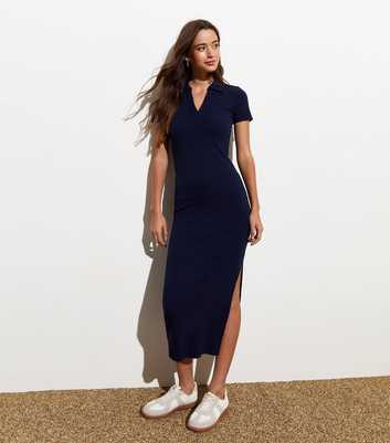 Navy Ribbed Stretch Cotton Collared Midi Dress 