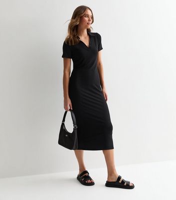 Black Jersey Ribbed Collared Midi Dress New Look