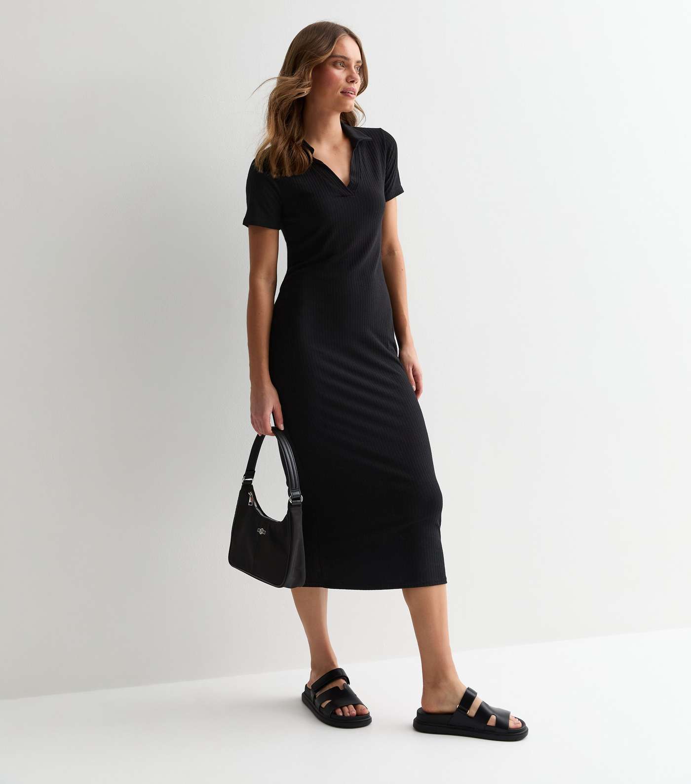 Black Jersey Ribbed Collared Midi Dress Image 3
