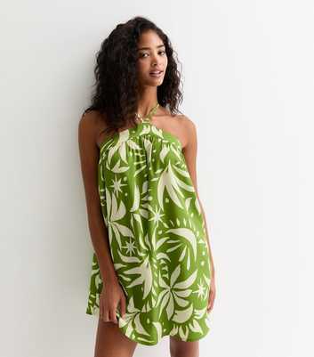 Green Tropical Print Twist Halter Neck Mini Dress