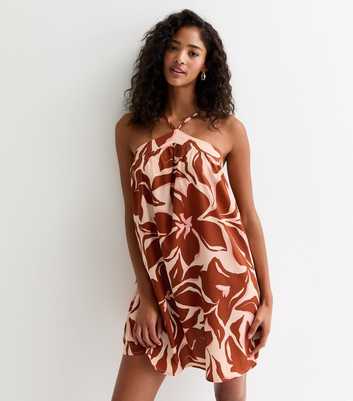 Brown Tropical Print Twist Halter Neck Mini Dress 