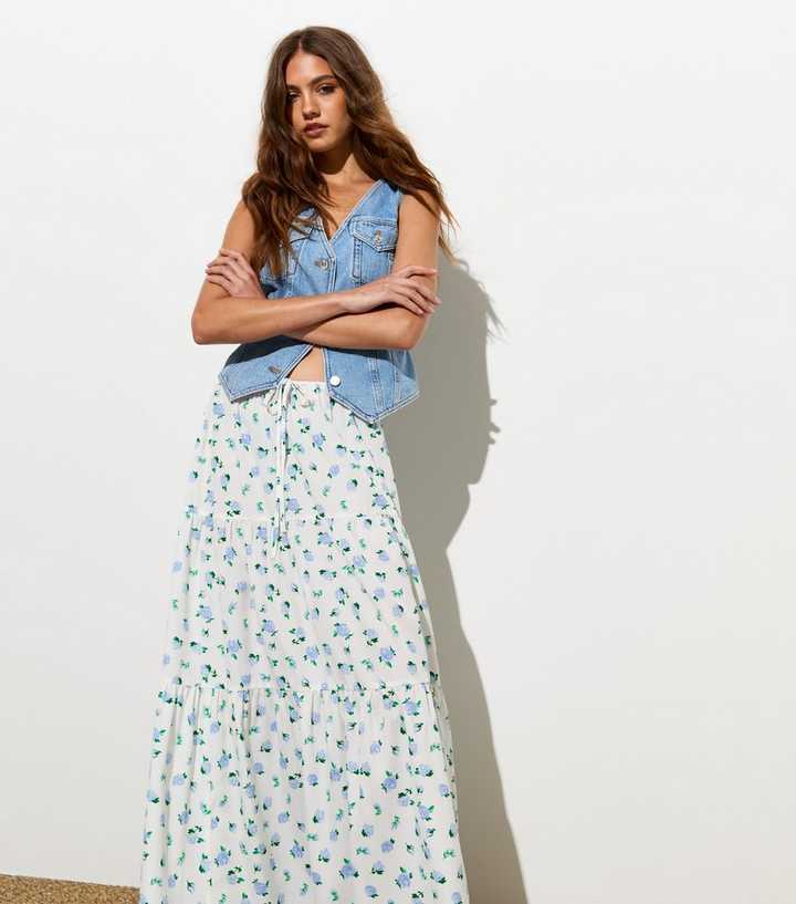 NUEVOSDAMAS Women's Floral Print High Waist Skirt - Pleated A-Line Midi, Elastic Waist, Georgette Fabric