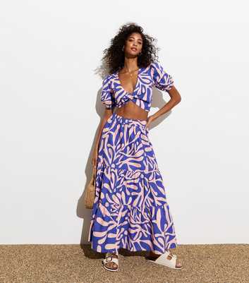 Blue Abstract Print Tiered Cotton Midi Skirt