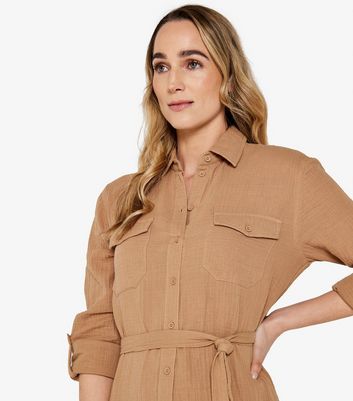 Apricot Light Brown Belted Mini Shirt Dress