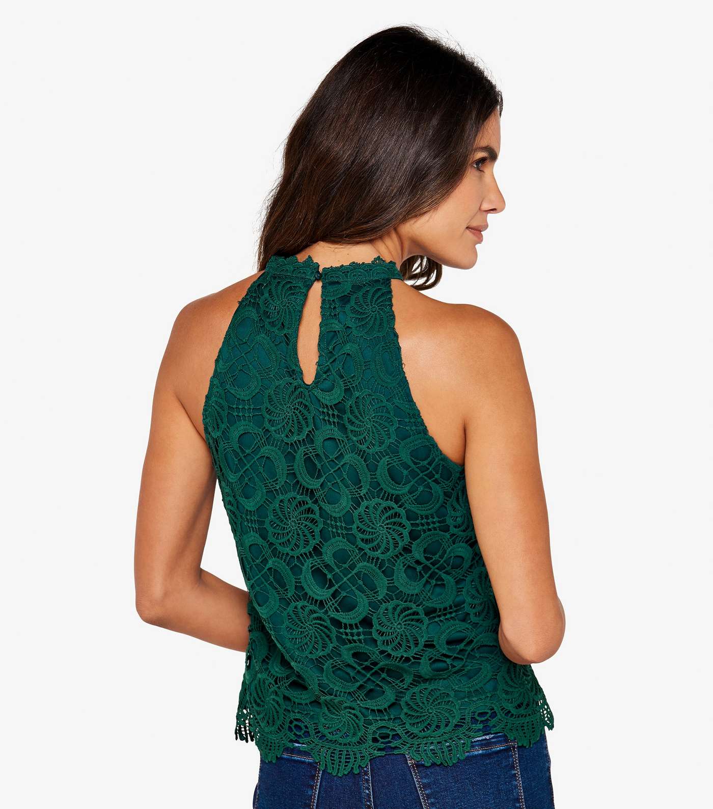 Apricot Dark Green Lace High Neck Sleeveless Top Image 3
