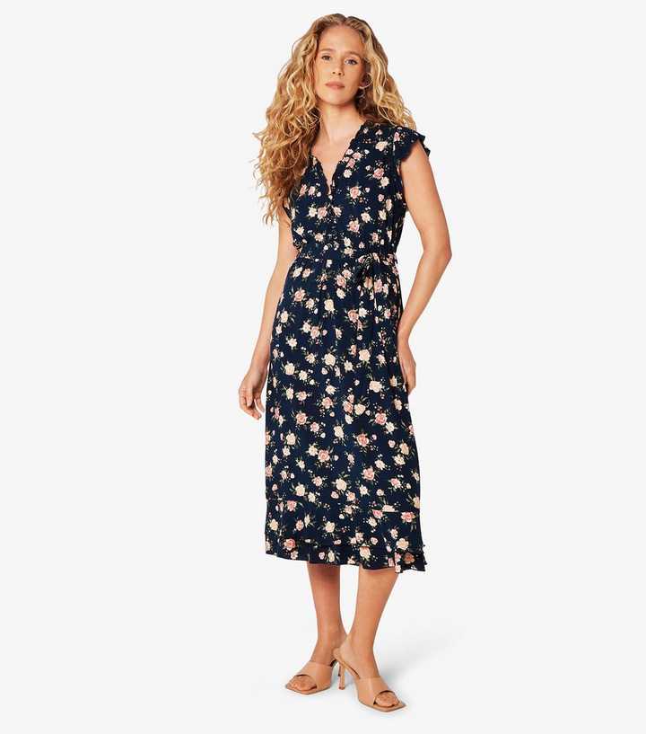 Apricot Navy Floral Print Sleeveless Ruffle Midi Dress | New Look