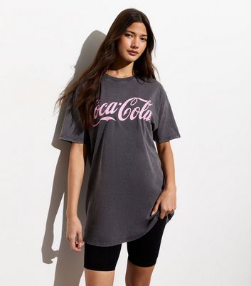 Dark Grey Coca Cola Acid Wash Oversized T-Shirt New Look