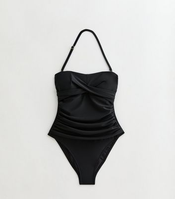 Black Ruched Removable Strap Square Neck Swimsuit