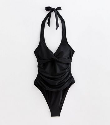 Black Halter-Neck Ruched Swimsuit New Look