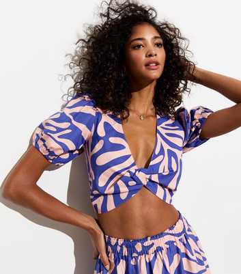 Blue Cotton Abstract Print Twist Front Cropped Top 