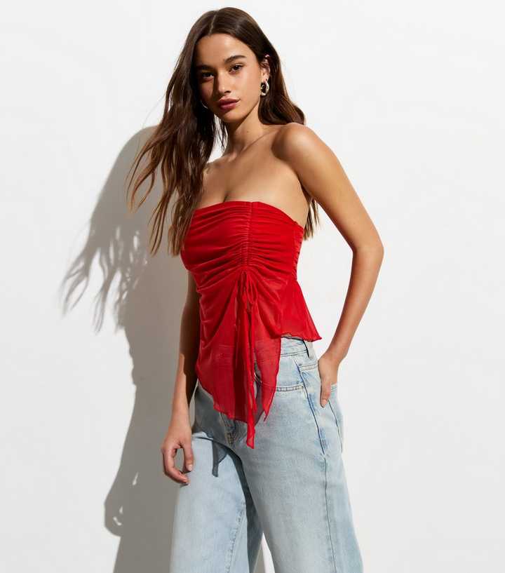 Red Mesh Ruched Bandeau Top | New Look