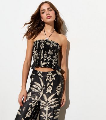 Black Tropical Print Shirred Halter Neck Top New Look