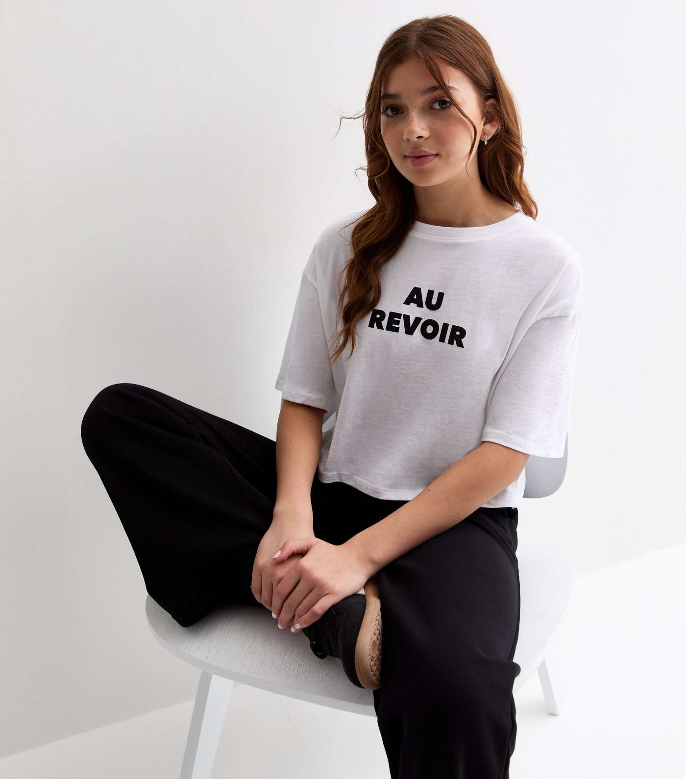 Girls White Au Revoir Print Boxy T-Shirt Image 2
