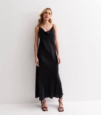 Black Strappy Satin Cowl Neck Midi Dress | New Look