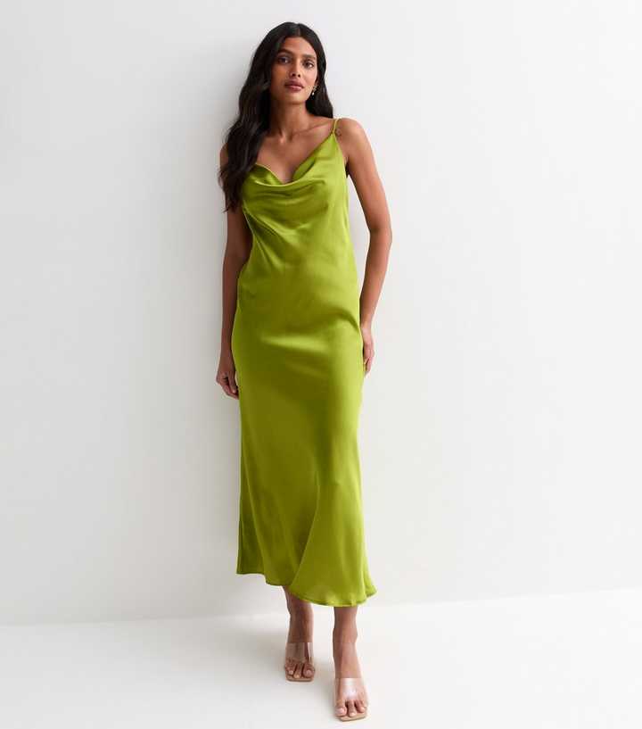 Light Green Strappy Satin Cowl Neck Midi Dress
