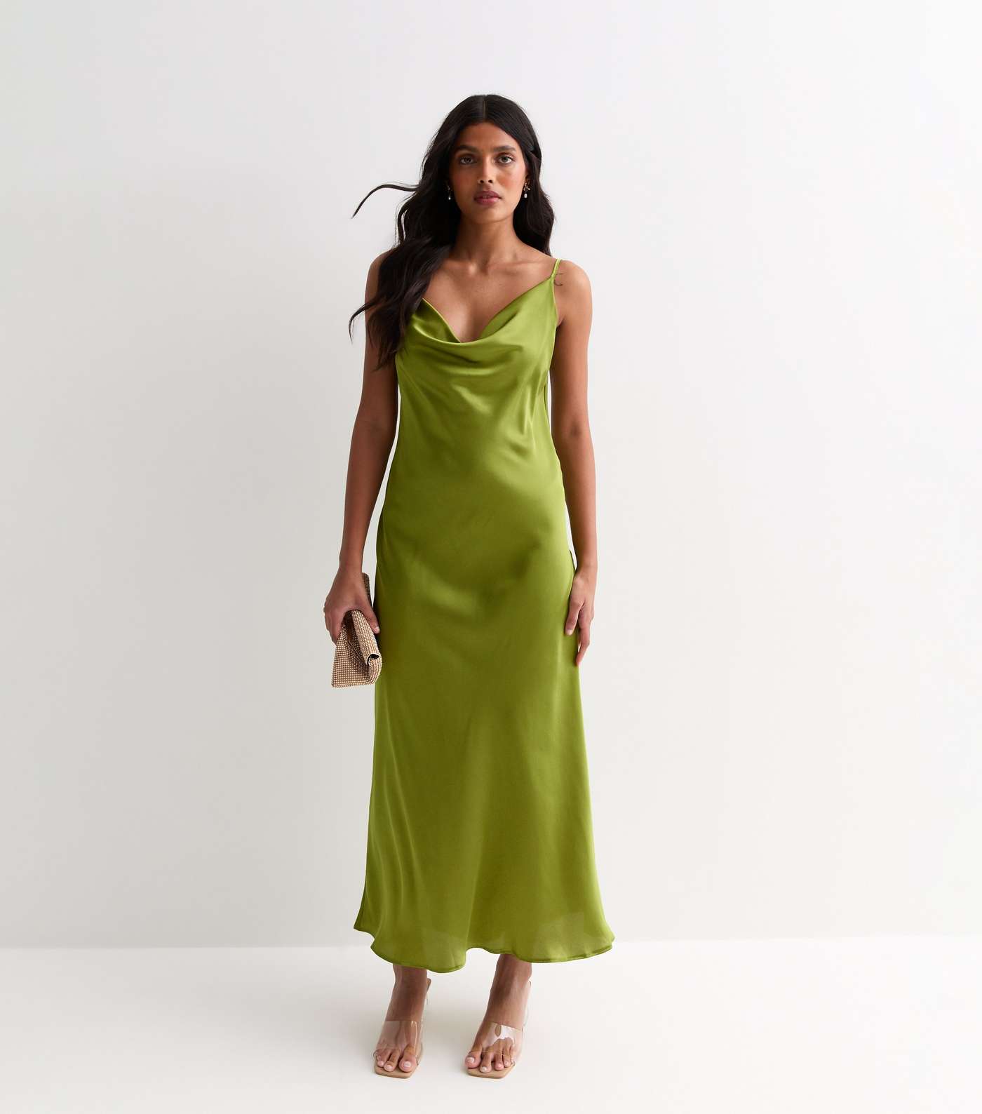Light Green Strappy Satin Cowl Neck Midi Dress Image 3