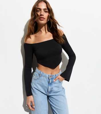 Black Long Sleeve Bardot Crop Top 