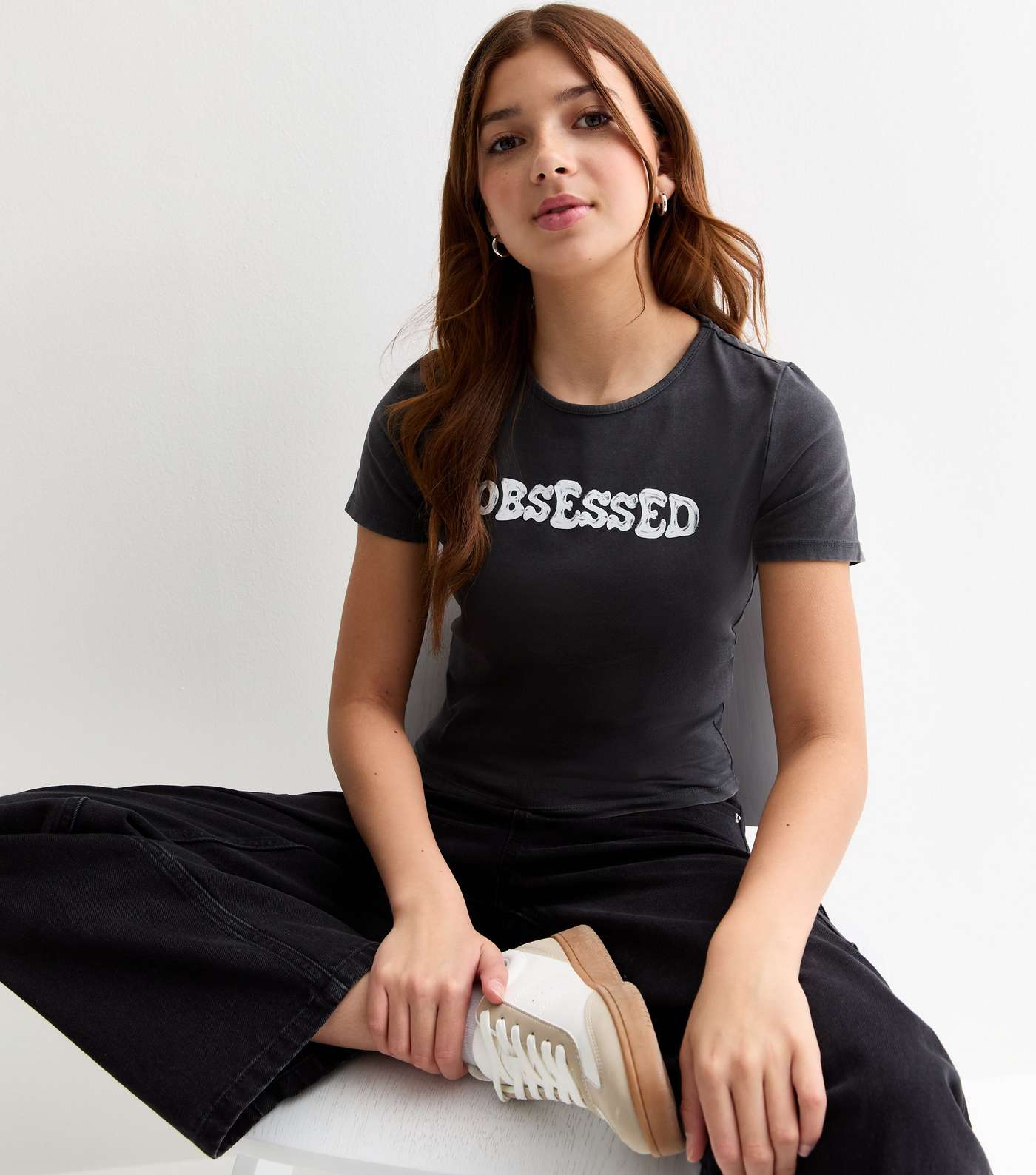 Girls Cotton Dark Grey Obsessed Slogan Crop T-Shirt Image 3