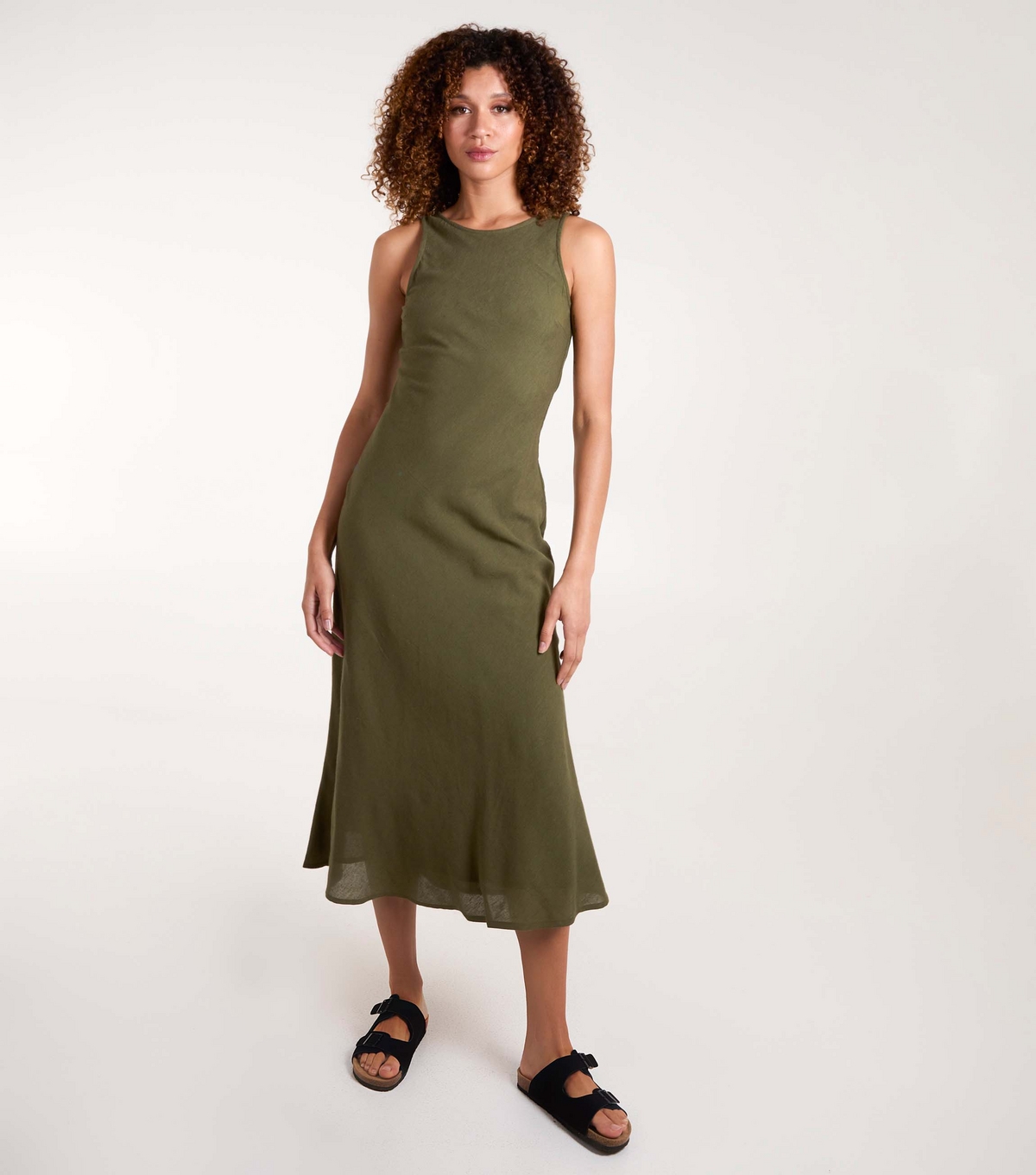 Women's Khaki Cotton Bias Cut Midi Dress Blue Vanilla New Look