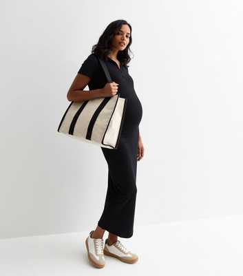 Maternity Black Ribbed Open-Collar Midi Dress