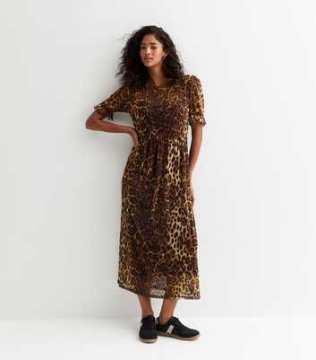 Brown Leopard-Print Mesh Smock Dress