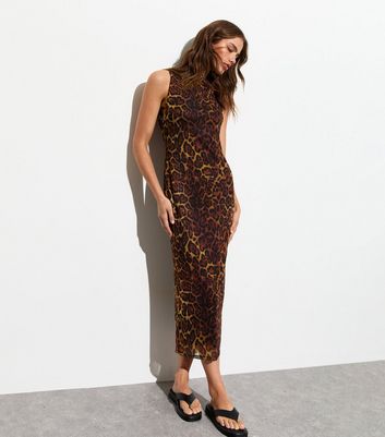 Brown Leopard-Print Sleeveless Mesh Midi Dress | New Look